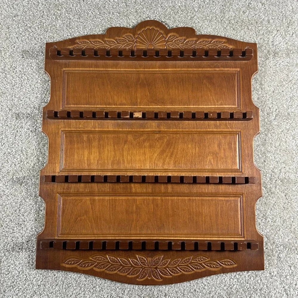 Vintage Wooden Souvenir Spoon Display Rack Wall Hanging 64 Slot Carved Floral